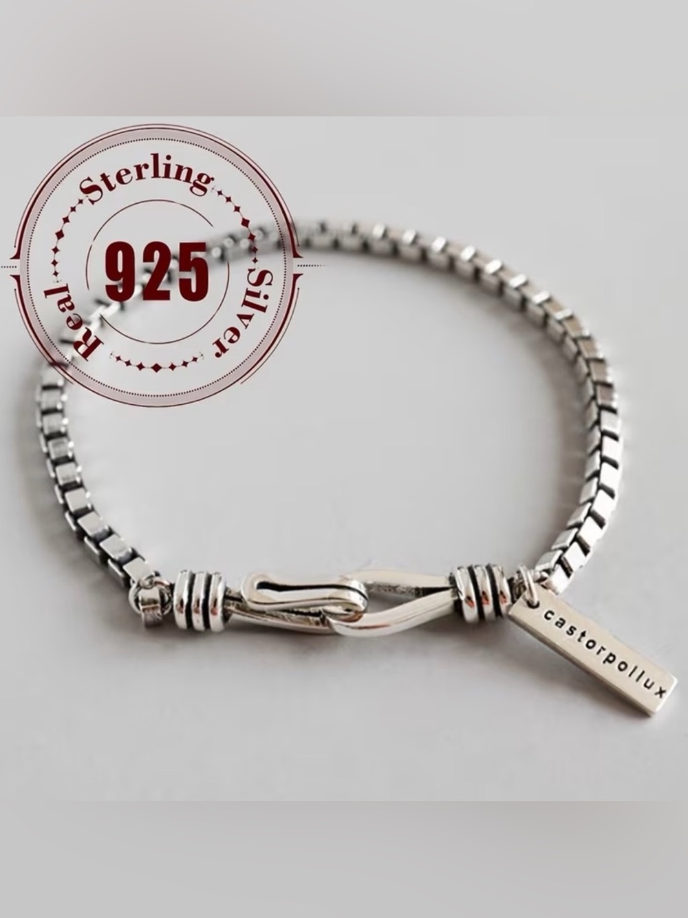 8.5” Sterling 925 Silver Box Chain Bracelet with Hook Clasp